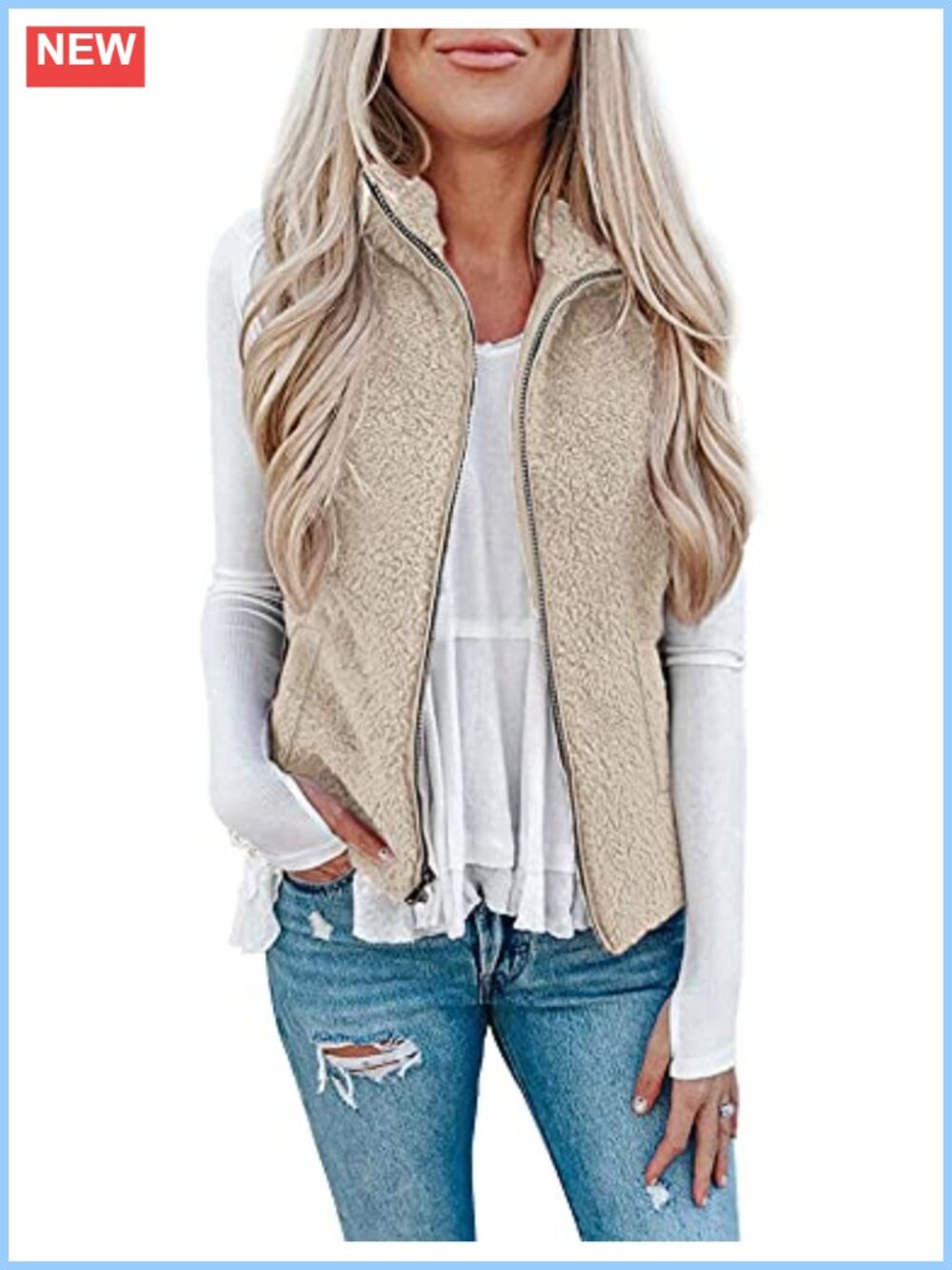Sherpa Fleece Vest Lightweight Sleeveless Zip Cardigan with Pockets